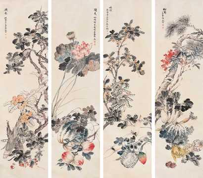 陆抑非 花鸟 四屏